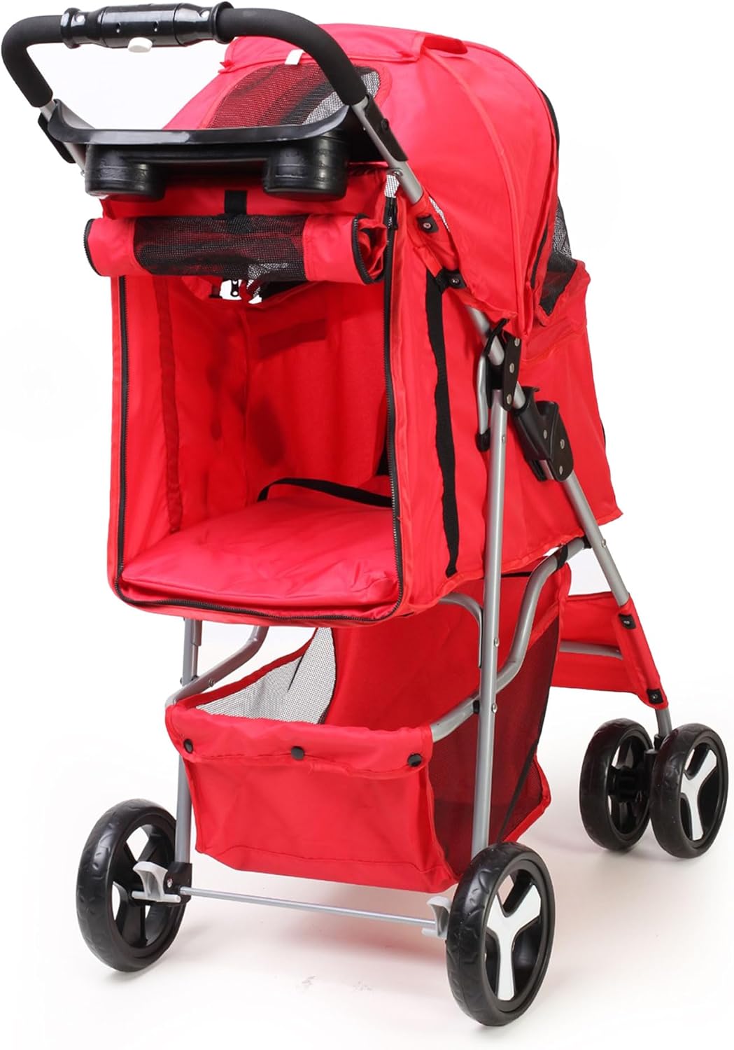 Foldable Pet Stroller with Rain Cover – Compact Pram for Small & Medium Dogs & Cats, Cup Holder & Storage Basket (Red)